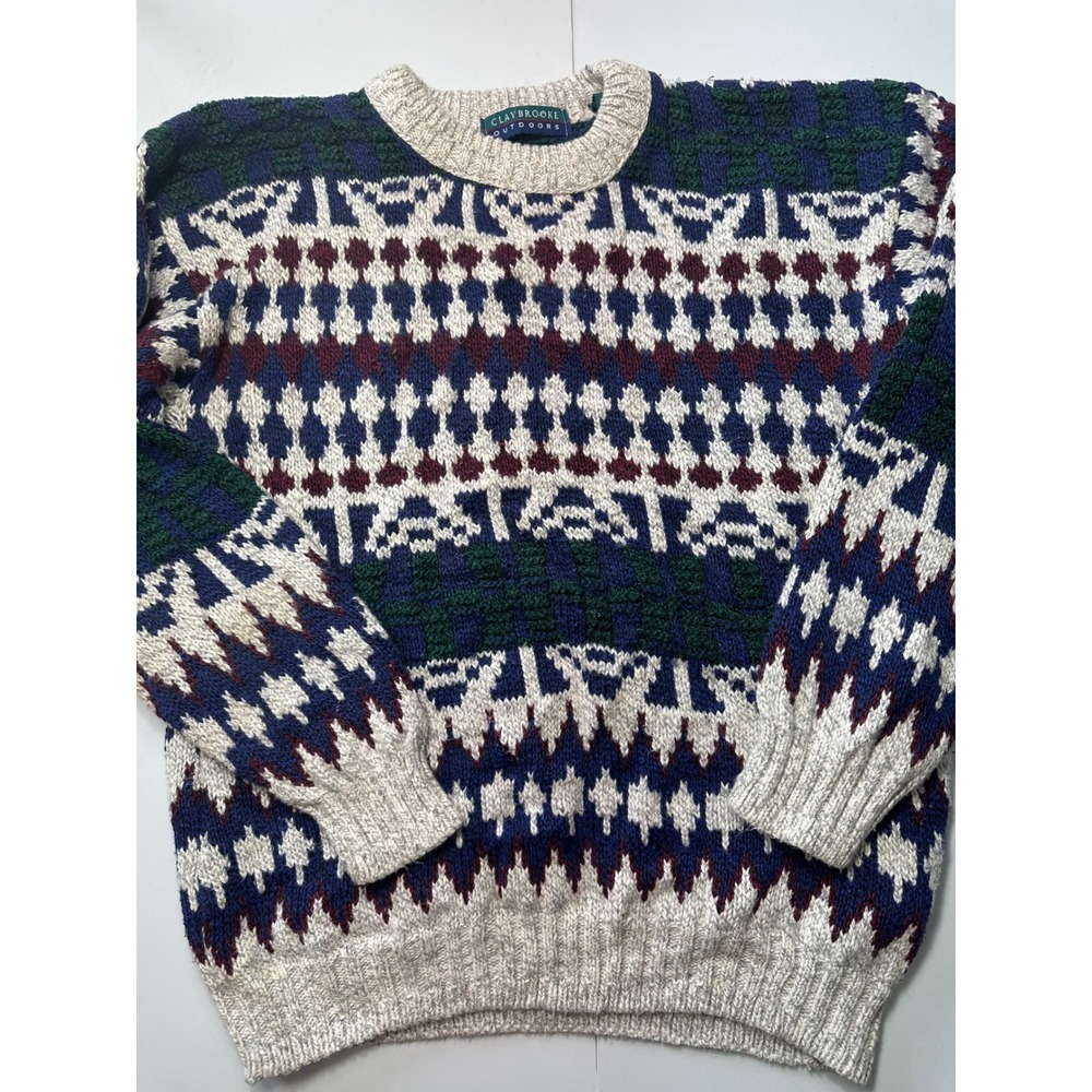 Vintage Claybrooke Outdoors Mens Large Cotton Fair Isle Knit Sweater Made in USA